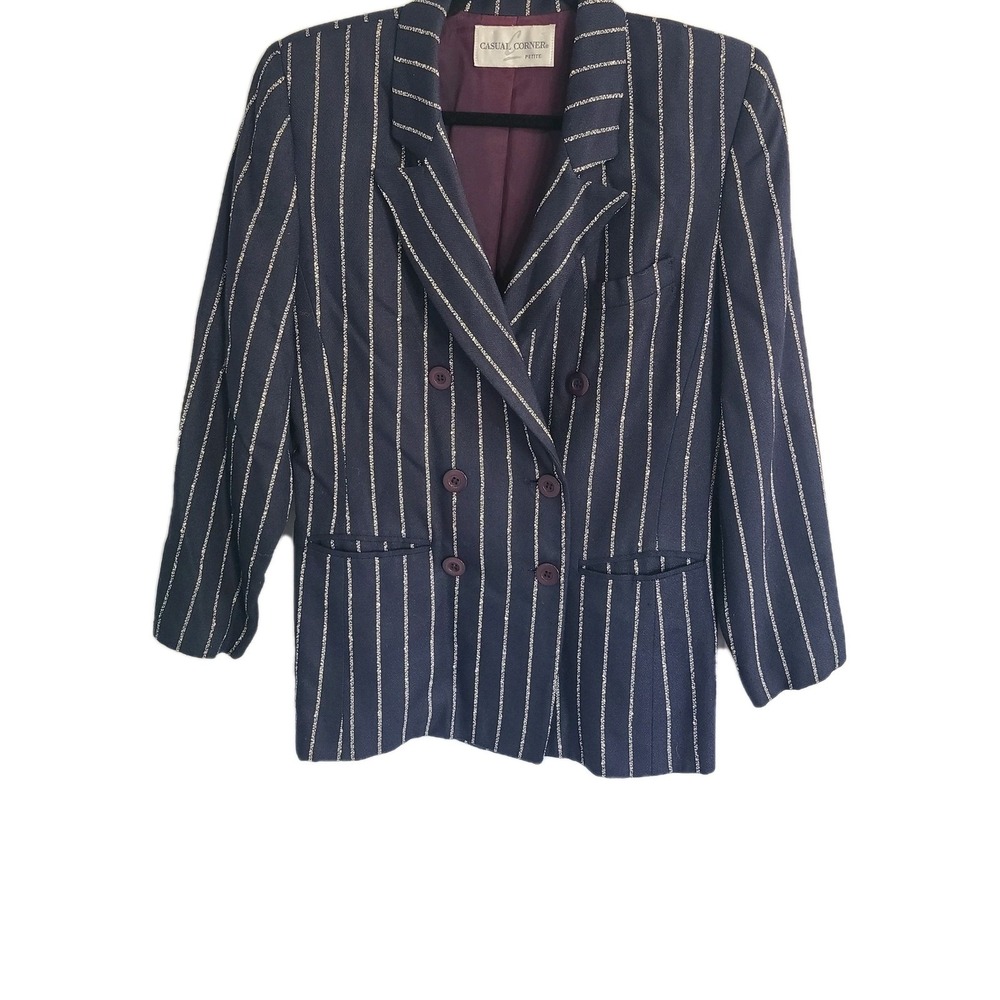 Vintage Casual Corner Women's Navy Pin Striped Double Breast Blazer‎ Sz 10P